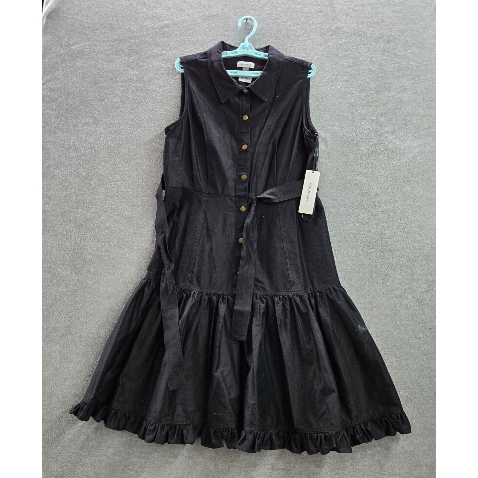 Calvin Klein Women Dress 14 Black Knee Length Fit & Flare Button Up Collar Nwt